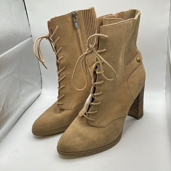 Michael Kors Lace Up Heeled Combat Boots Tan Brown Leather Womens Size 10 M - Picture 4 of 16